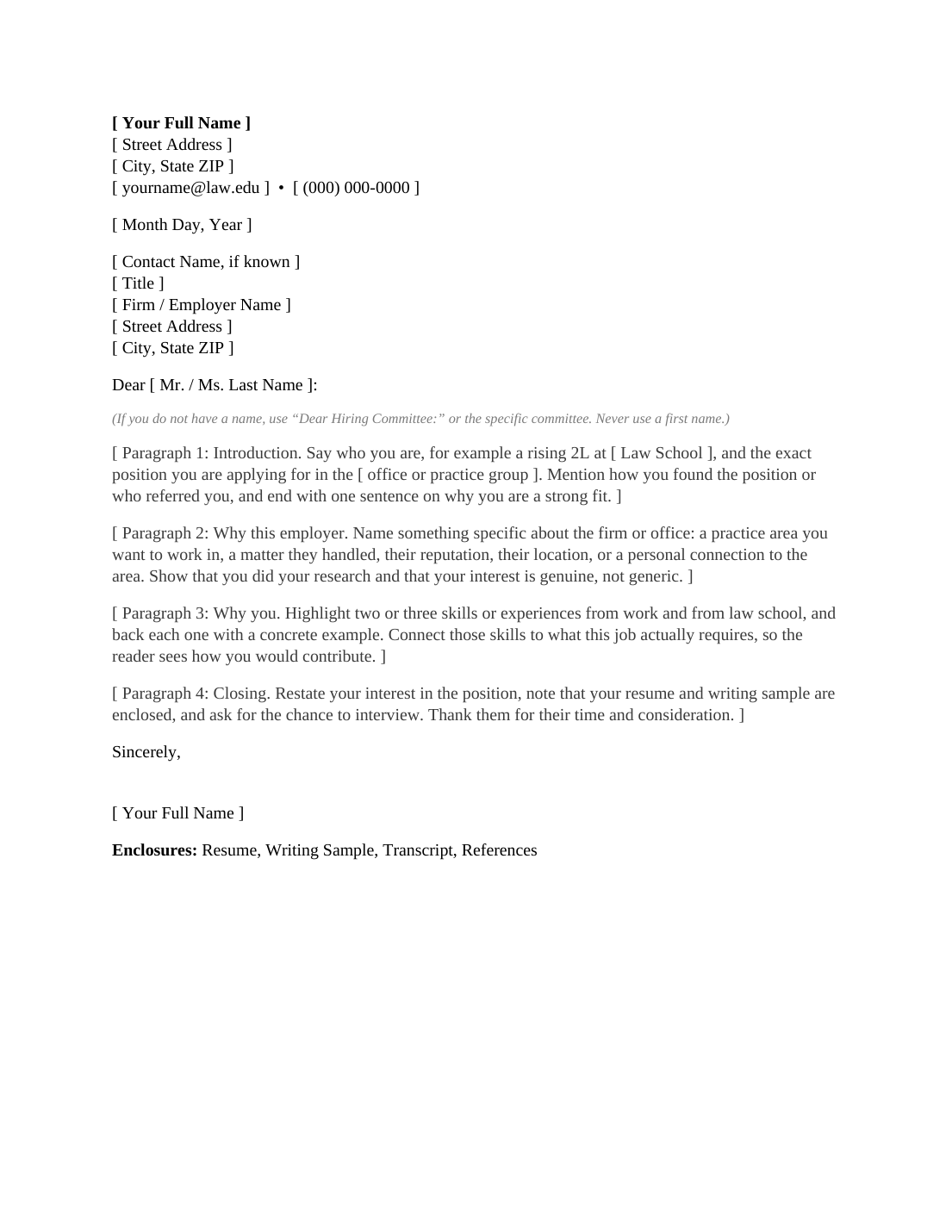 A one-page legal cover letter template with placeholder text, showing the heading block, date, recipient address, salutation, four body paragraphs, and sign-off with enclosures.