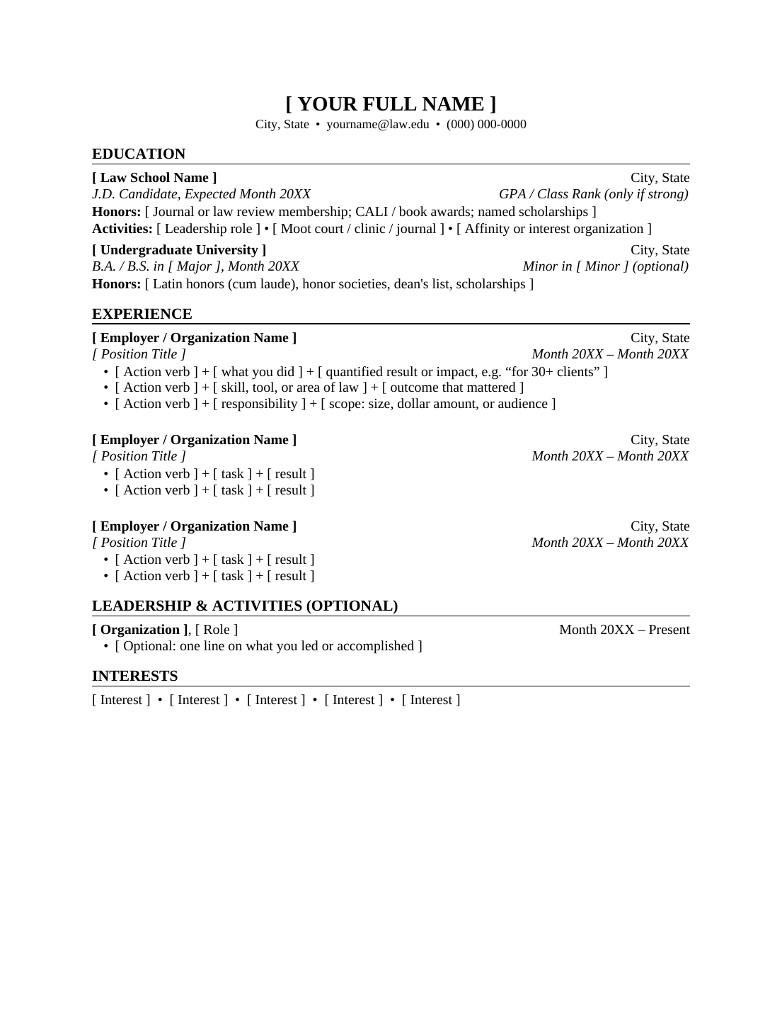 A one-page law student resume template with placeholder text, showing the name and contact header, education, experience, leadership and activities, and interests sections.